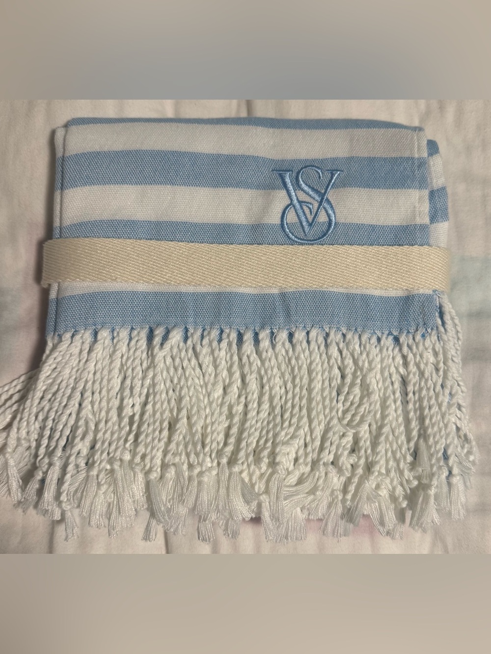 Victoria Secret Beach Blanket Cream and Blue Striped with fringe! NEW